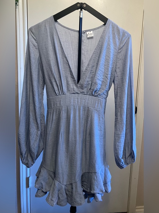 Angel Biba Dresses & Skirts - Angel Biba Dusty Blue Ruffle Mini Dress Waist Tie Sashes - Size Small
